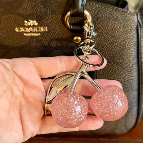 NEW Pink Glitter Large Cherries Purse Charm Keychain Goldtone - Picture 2 of 5